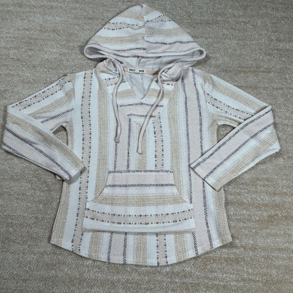 Wallflower Hoodie Womens S Striped Baja Knit Hooded Pullover Pocket Beige